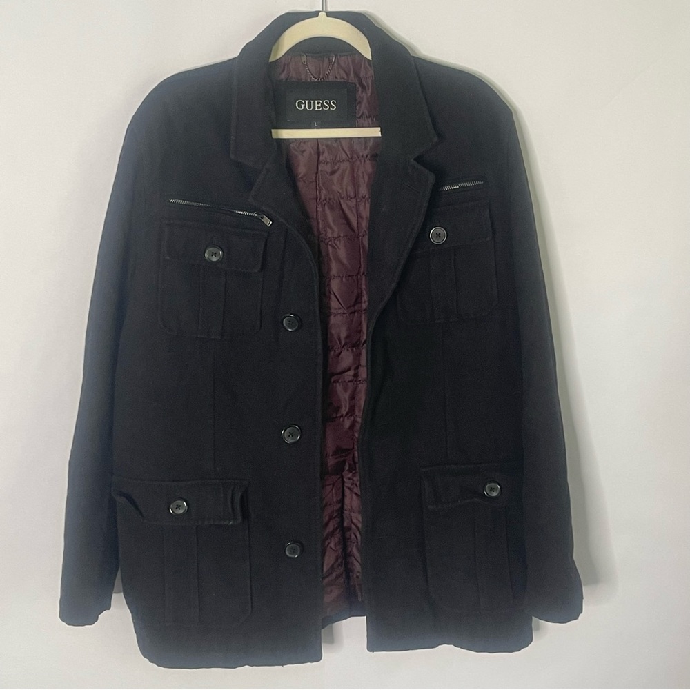 Guess black heavy wool overcoat quilted mens Size L gorpcore preppy minimalist